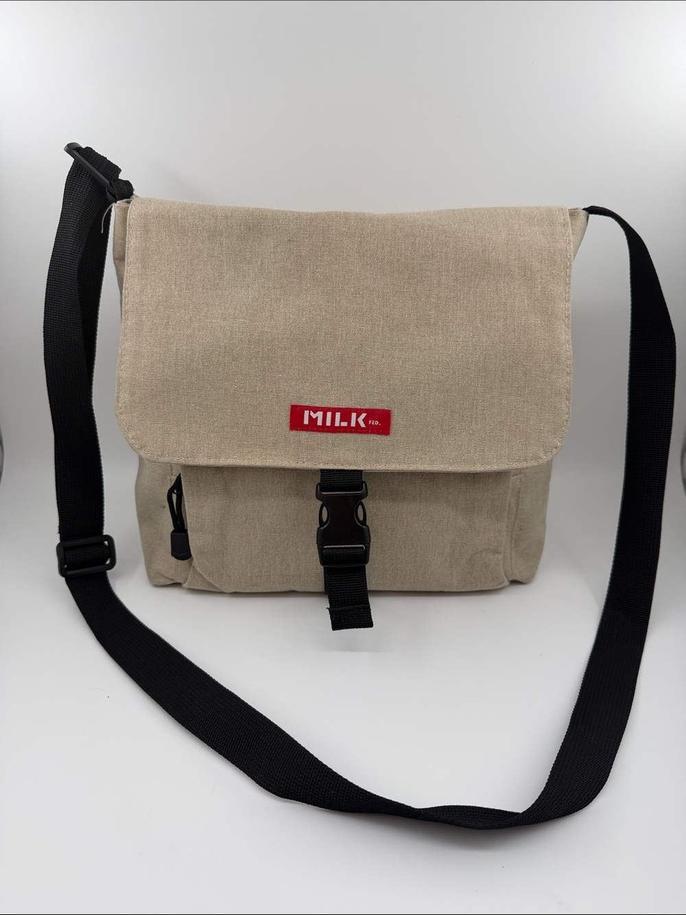Canvas Messenger Bag in Beige with Black Strap